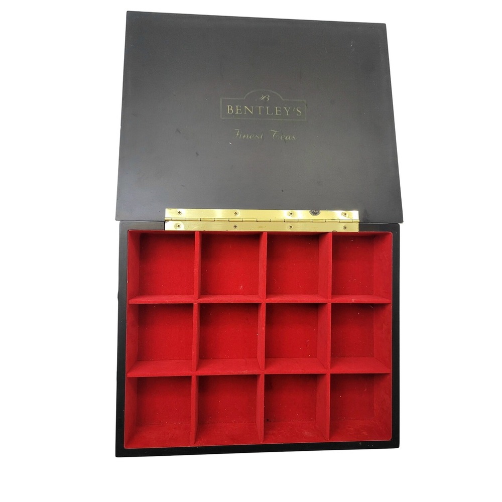 Bentleys Finest Teas Black Wooden Tea Chest 12 Compartment Red Velvet Lining